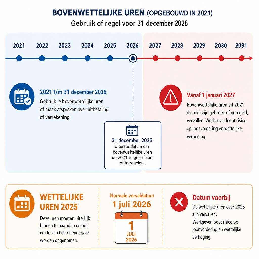 Tijdlijn met de verjaring van bovenwettelijke uren uit 2021 en de vervaldatum van wettelijke uren uit 2025.