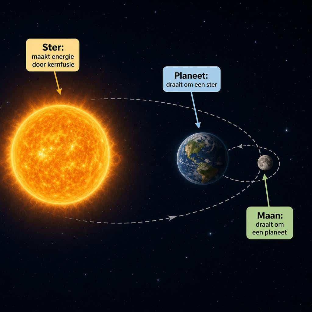 Schema met de zon als ster, de aarde als planeet in een baan rond de zon en de maan in een baan rond de aarde.